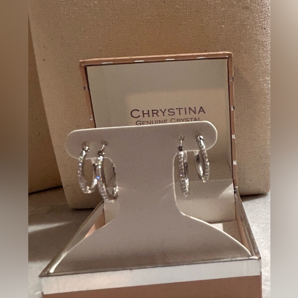 2pair earring set. 1/2” and 3/4” clear crystal round hinged hook silver earrings